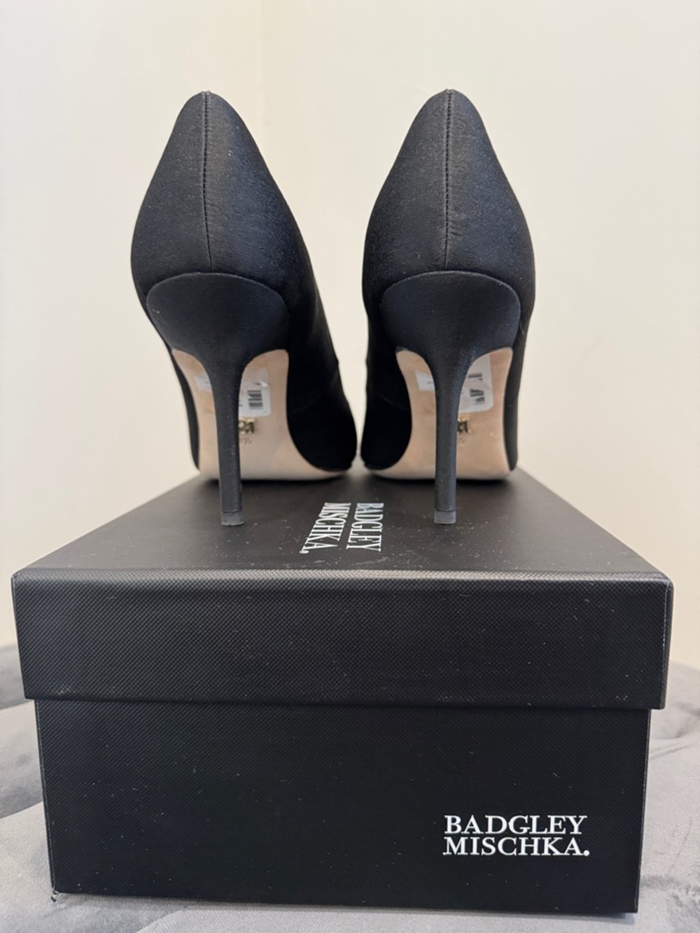Badgley Mischka Devi Black Satin Pointed Pumps with Crystal Square Buckle - Picture 4 of 8